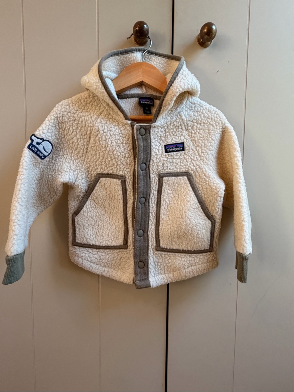 Patagonia Kids Cream Sherpa Hoodie with green Trim